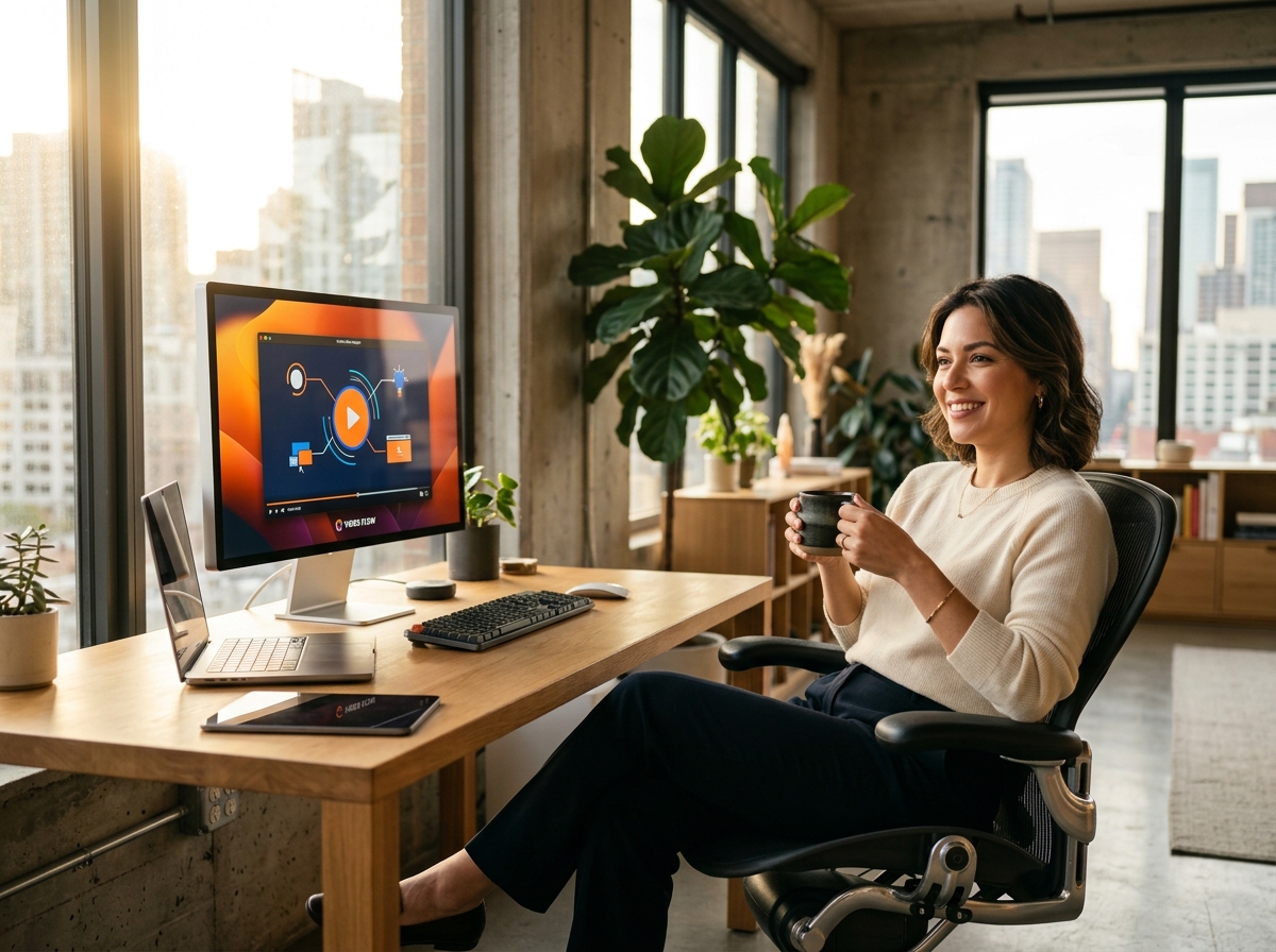 Relaxed professional enjoying coffee while watching Video Flow
